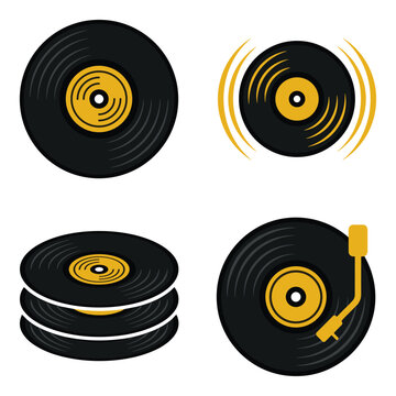 Collection of vinyl record icons, including single records, a stack of records, and a turntable, set against a neutral background, representing music and audio playback