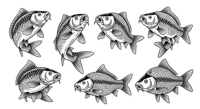Collection of seven detailed black and white sketches of common carp or koi fish in various swimming and jumping poses for aquatic themes.