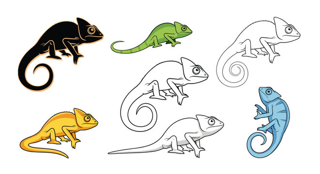 set of chameleon illustrations in various colors and styles including silhouettes and line art on a white background.