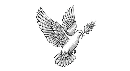 Obraz premium Symbol of peace featuring a detailed line drawing of a dove in flight carrying a small olive branch in its beak.