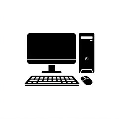 Fototapeta premium Flat lay desktop setup with monitor, keyboard, mouse, and tower computer on white background
