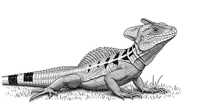 Detailed monochrome illustration of a basilisk lizard standing on grass with prominent dorsal fins and tail.