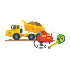 Naklejka premium This illustration features a large yellow dump truck hauling soil alongside a red air compressor and a rolled-out green measuring tape.