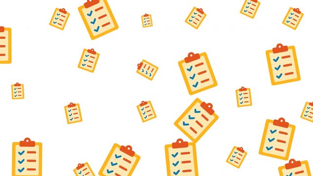 Multiple yellow clipboard icons with blue checkmarks on transparent  background. Suitable for project management, organization, task completion concepts.
