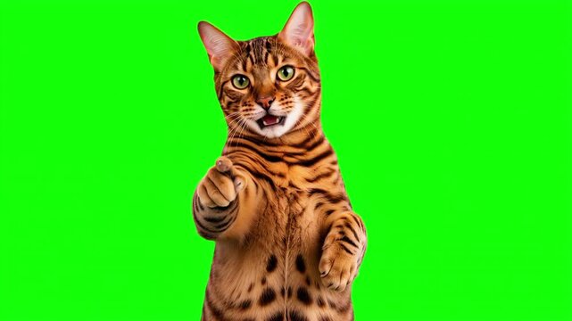 Realistic cat pointing at the viewer and talking, call to action concept isolated on chroma key green screen background. 3D