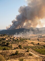 Fototapeta premium Massive wildfire smoke plume rising behind a small village in the Tuscan countryside
