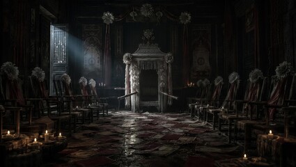 Fototapeta premium Royal Court Waiting Room: An eerie, candlelit waiting room of a royal court, with empty ornate chairs set in rows, a grand, imposing structure at the center.