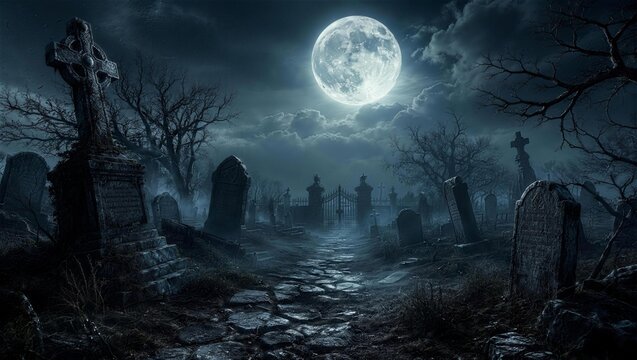 Eerie Cemetery at Midnight: A hauntingly beautiful cemetery bathed in the mystical glow of a full moon.
