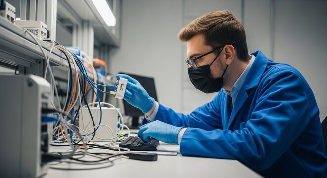 Cybersecurity penetration tester wearing mask and gloves works on computer systems and network cables