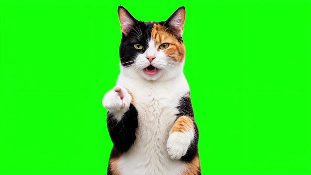 Realistic cat pointing at the viewer and talking, call to action concept isolated on chroma key green screen background. 3D