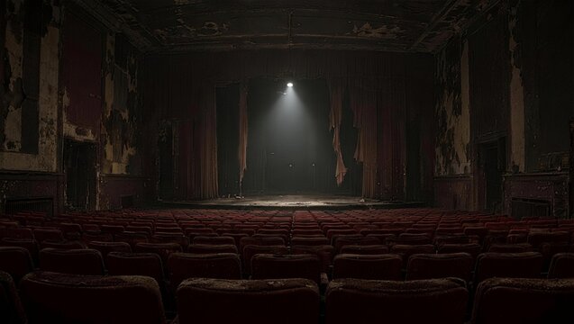 Haunting Auditorium: An empty, dimly lit auditorium with rows of worn velvet seats faces a stage bathed in a solitary spotlight, evoking a sense of faded grandeur and silent anticipation.