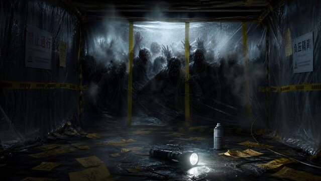 Quarantine Zone: A dimly lit, enclosed space shrouded in mist and debris, depicting a scene of containment and potential danger, possibly a biohazard zone.