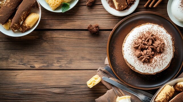 Delicious desserts served on wooden table overhead view