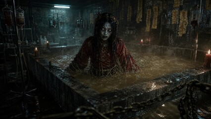 Fototapeta premium Mysterious Ritual: A woman submerged in a murky, ominous bath, surrounded by flickering candles and chains in a dimly lit, unsettling chamber, evokes a sense of dread and ancient mystery.