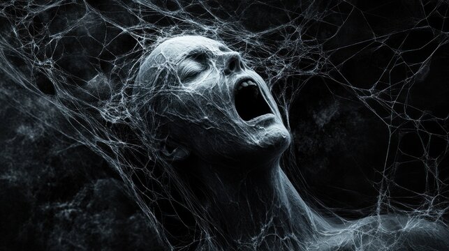 Person screaming with face entangled in web