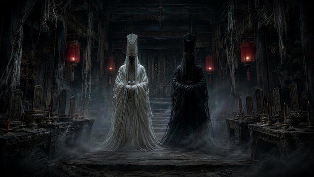 Dual Entities in Mysterious Chamber: Two figures, one in white and one in black, stand in a dark, ancient chamber, exuding an aura of mystery and power.