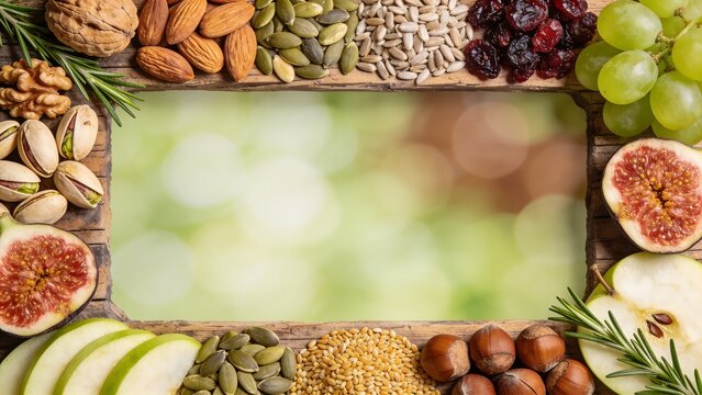 Wood frame border filled with nuts, seeds, and fruits like grapes and figs. This high quality food photo is perfect for culinary blogs, grocery store ads, and healthy eating guides.