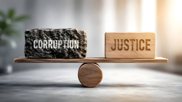 Heavy stone of corruption outweighing wooden block of justice on a seesaw representing legal imbalance and ethical failure