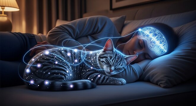 A person and their beloved cat sharing a deep neural connection while sleeping, visualizing an unbreakable bond.