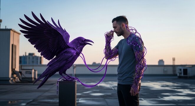 Man With Neural Energy Connecting To A Purple Raven On A Rooftop With Cityscape Behind