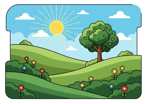 A vibrant landscape illustration featuring rolling green hills, a large tree, colorful flowers, and a bright sun in a clear blue sky