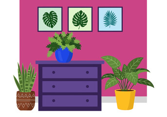Fototapeta premium Interior design illustration with a purple dresser, potted plants, and botanical wall art