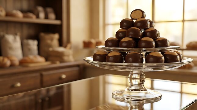 A beautiful pyramid stack of delicious buckeyes candy displayed on a clear glass cake stand inside a warm and cozy rustic country bakery shop kitchen