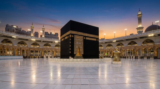 Serene twilight view of the Holy Kaaba at Grand Mosque in Mecca, featuring golden lights reflecting on empty marble floors under a beautiful sunset sky with early evening stars.