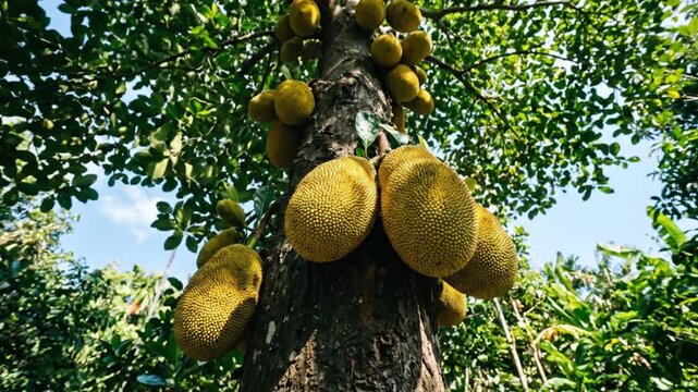 Large jackfruit hanging from the trunk of a tree, tropical orchard harvest in a lush green environment.
