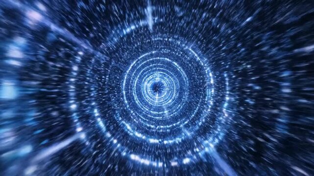 A futuristic tunnel of glowing blue lights radiates outward in a spiral motion