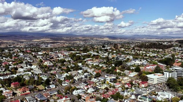 Scenic Tamar Valley Launceston city aerial cityscape panorama in Tasmania over CBD.