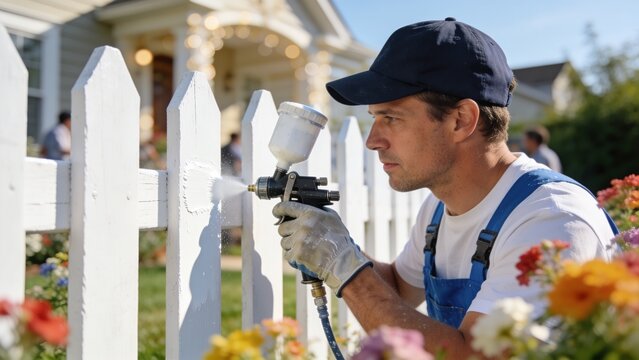 Professional Worker Spray Painting a White Wooden Picket Fence in a Bright Residential Garden with Beautiful Natural Morning Light