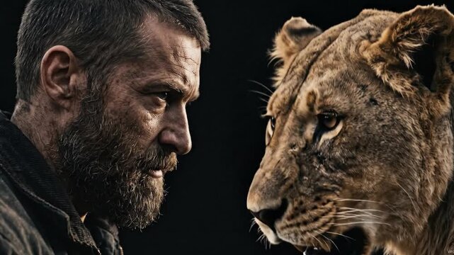 Man with beard and lion looking face to face, dramatic portrait of human and predator interaction, symbolic concept of nature and humanity.