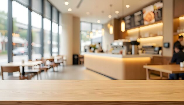 Premium wooden tabletop against an elegant cafe interior with oak, coffee, dining