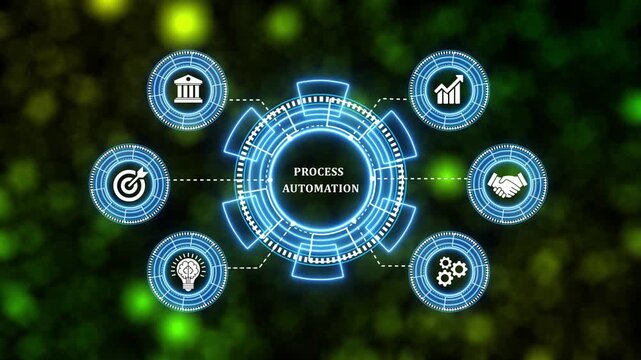 Process automation digital interface animation with glowing blue circular hud.