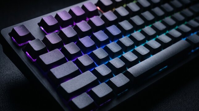 Close-up of a backlit mechanical keyboard with customizable RGB lighting effects, captured at a diagonal angle