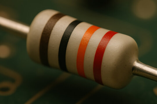 Close-up of a through-hole resistor on a circuit board