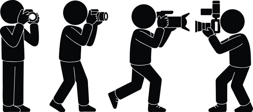 Photographer Silhouette Collection, Professional Camera Operator Poses, Vector Set, Photography Silhouettes, Camera Operator Action Poses, Media Vector Collection.