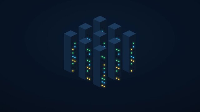 Isometric data center with server racks and blinking indicators, cloud computing storage and server room technology concept, seamless looping 4K animation