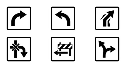 Road Sign Icons: Turn Arrows, Lane Divergence, Roadblock, Navigation Symbols © Sriti