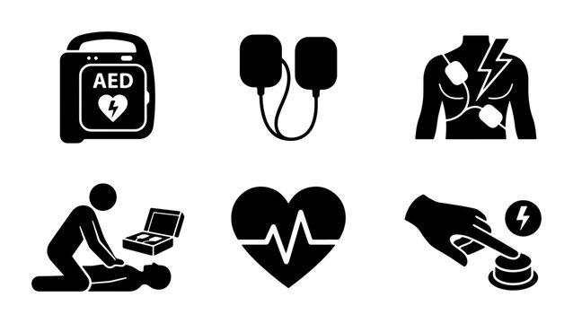 AED Defibrillator Icons, Cardiac Arrest Emergency Medical Equipment, Life Support Symbols