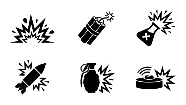 Explosion Icons Set: Bomb, Dynamite, Rocket, Grenade, Chemical Blast, Landmine Symbols