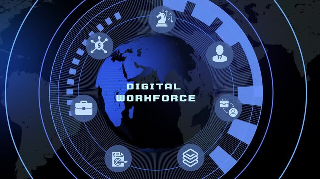 Digital workforce title on high tech business automation display with remote employee management icons.