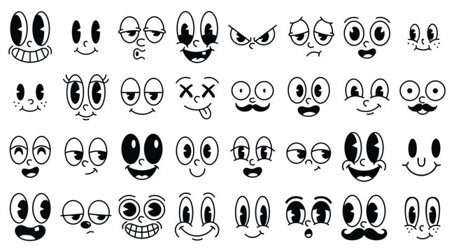 Vintage Cartoon Facial Expression Set. Funny Black and White Retro Mascot Eyes, Smiles and Character Face Elements. Vector illustration.