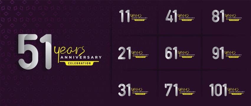 Set of anniversary logo style with silver ribbon number 11 to 101 years. Modern luxury vector typography templates on dark purple background for celebration event.