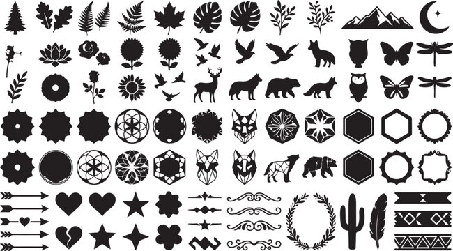 Black Boho Icons, Southwestern Vector Set, 40 Symbols, Animals, Nature, Geometric Shapes