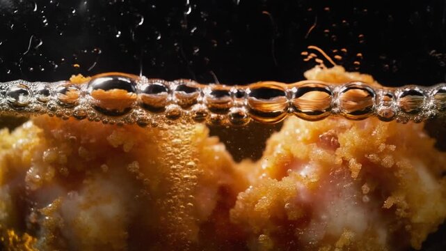 油鍋の唐揚げが激しく泡立ちながら飴色に揚がる
