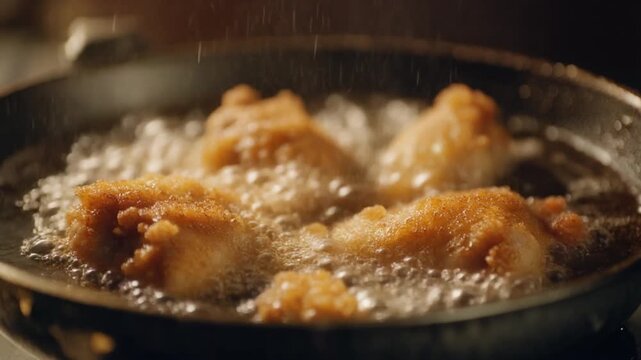 油鍋の唐揚げが泡立つ油に包まれ艶やかに揚がる