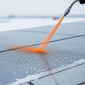 Aircraft wing being sprayed with orange deicing fluid during winter maintenance at an airport for safe operation