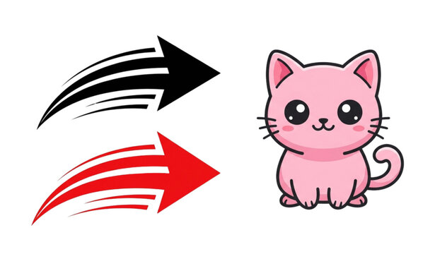 Cute pink cartoon cat illustration with dynamic speed motion arrows set isolated on white background flat vector fast forward arrow and kawaii kitten sticker design